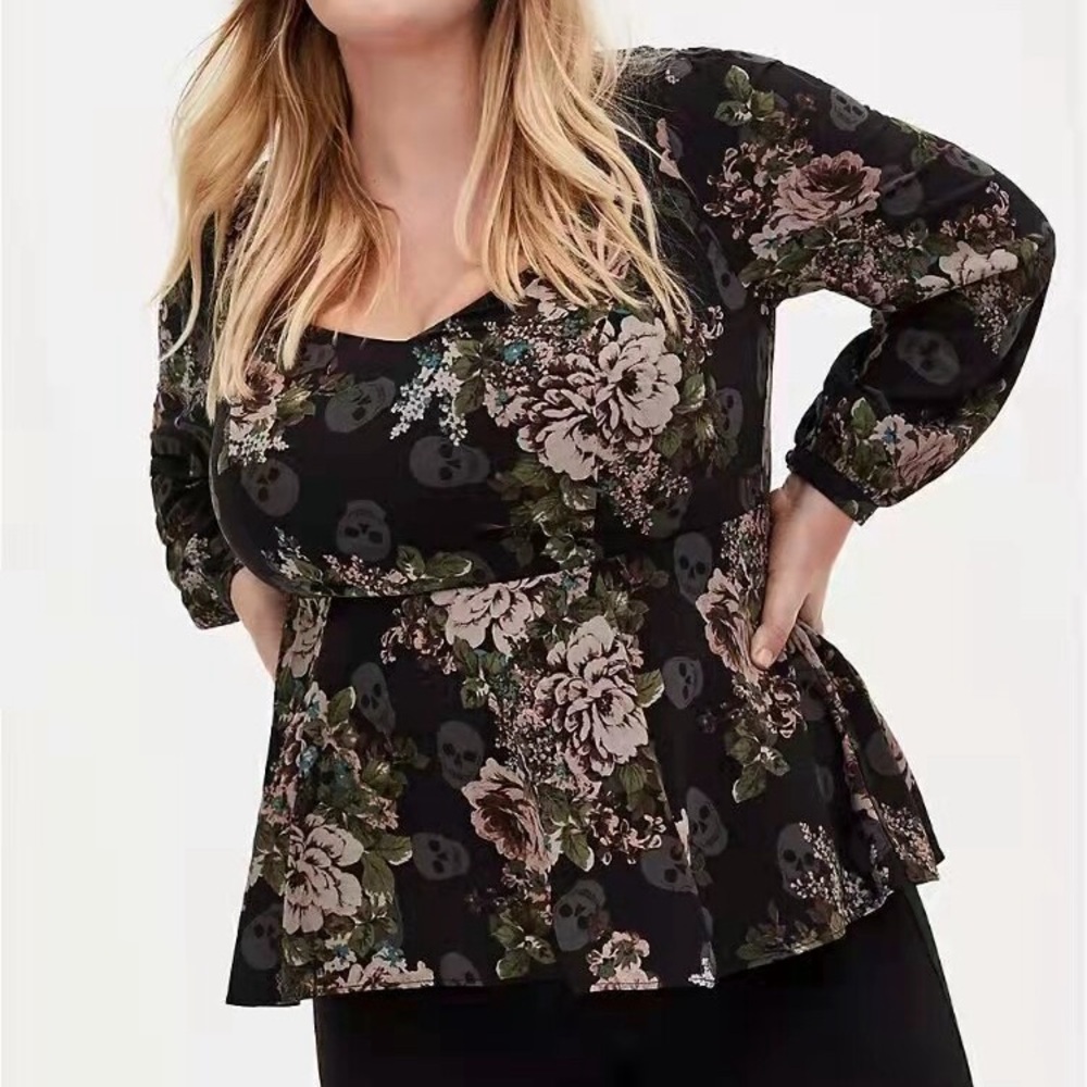 Torrid Floral Skull Babydoll Peplum Top Size 2X Gothic Dark Romantic Whimsygoth